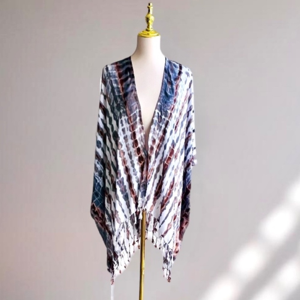 0030/ White Grey Tie Dye Kimono Cover up Cardigan Outer with Fringes